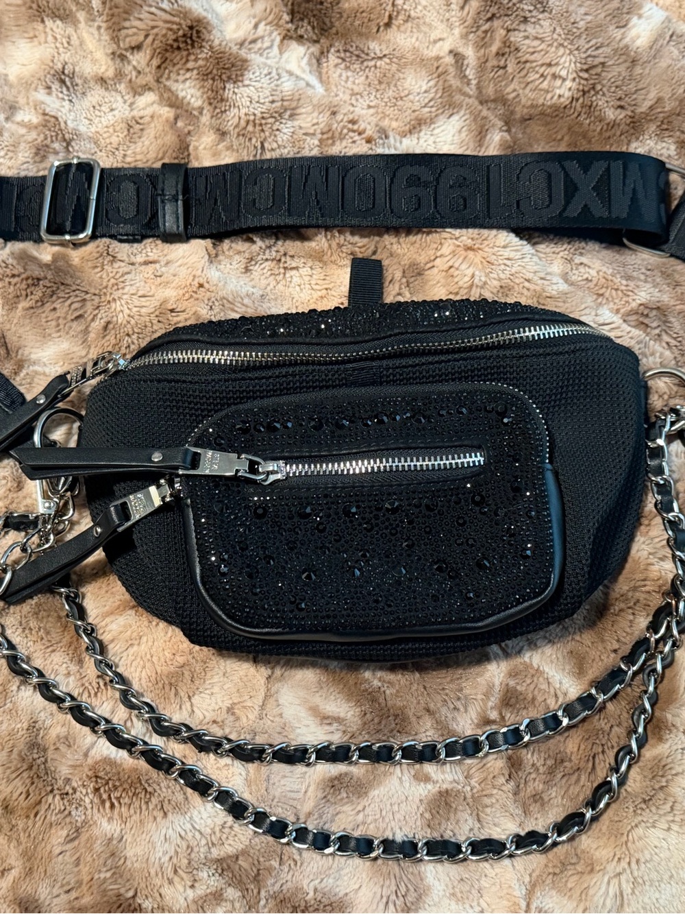 Steve Madden Black Crossbody Bag with Glitter Front Pocket Decor Chains